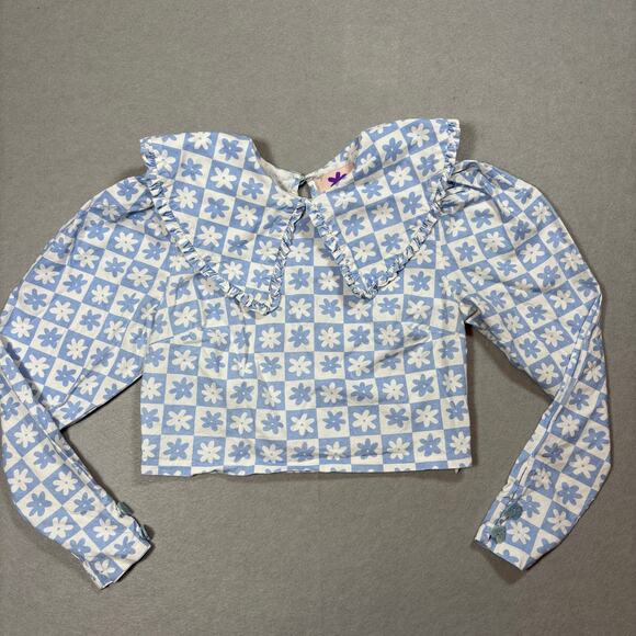 Lisa Says Gah cropped Wendy Top Blue Daisy Small puffed sleeve peter pan collar - Picture 1 of 10